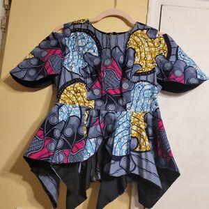 Custom-made Cold Shoulder Rhinestone Decor Multi- Color Patterned Peplum Top